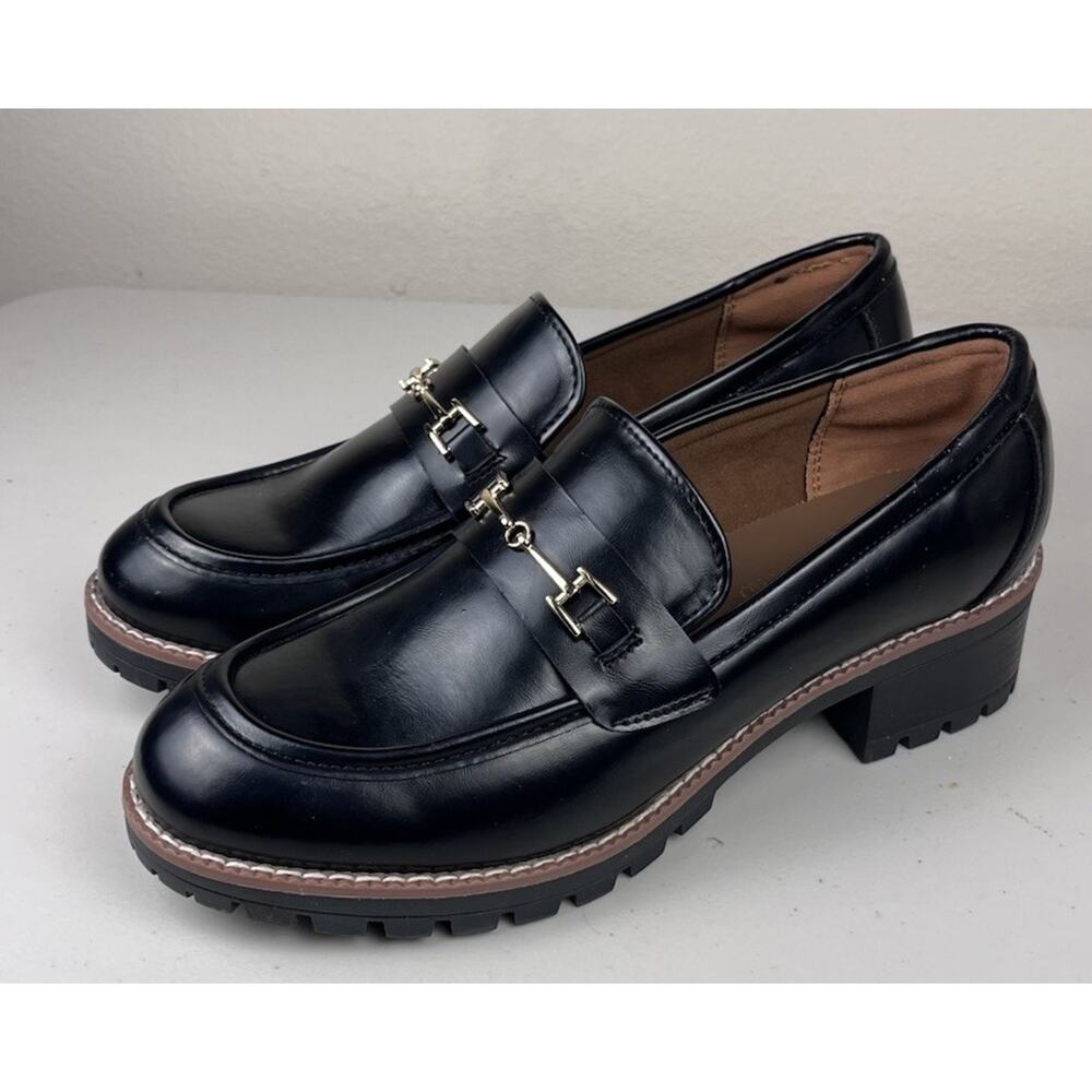 Dream Paris Womens 8.5 Black Chunky Loafers Gold Horsebit Lug Sole Platform Shoe